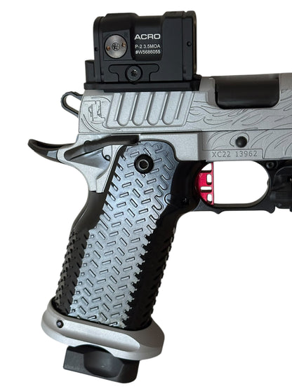 SILVER “TRIBAL DRAGON” FULLY CUSTOMIZED STACCATO XC STEEL GRIPS ENGRAVED, CERAKOTE WITH ACRO P2 & X300