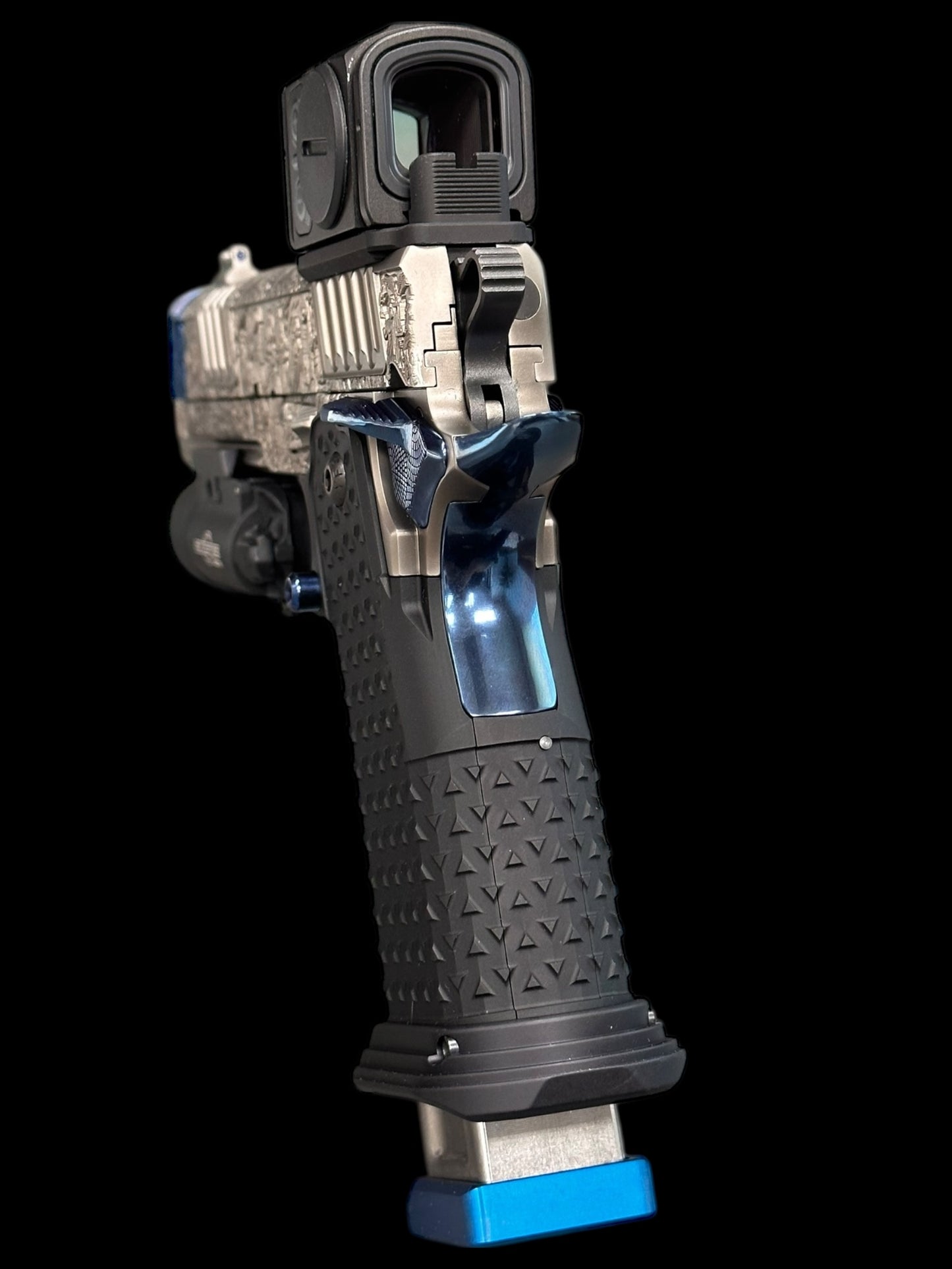 STACCATO CUSTOM XC “AEGIS” GREY/POLISHED BLUE PVD FINISH ATLAS GRIPS RED DIRT TRIGGER ACRO P2 & X300