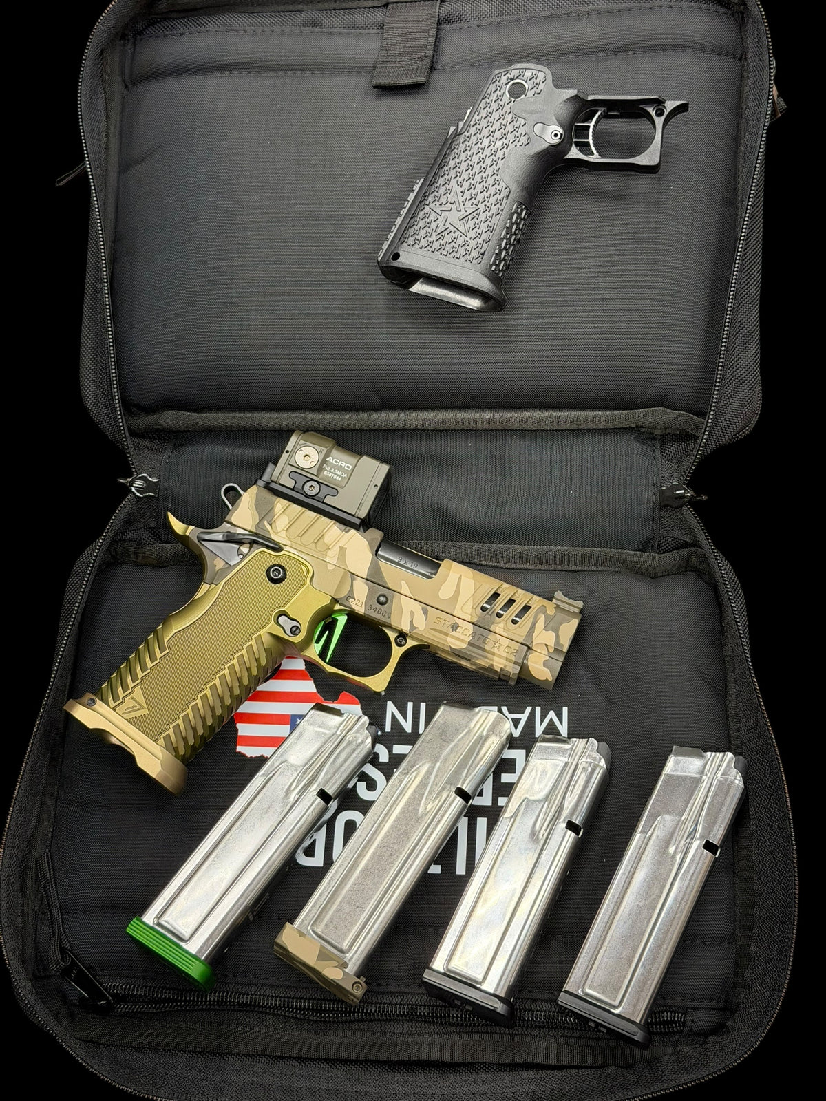 STACCATO CUSTOM C2 PORTED 3.9"
MULTICAM WITH T7 ALUMINUM GRIPS, AIMPOINT ACRO P2 & EDGE "GREEN" TRIGGER