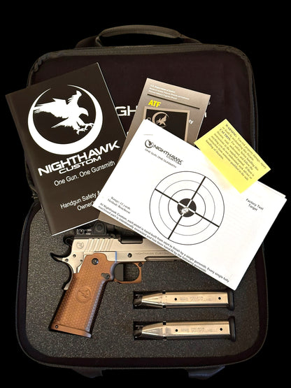NIGHTHAWK CUSTOM BDS9 COMM 4.25” DS 9mm SILVER PVD AND SANDHAWK GRIPS WITH SRO