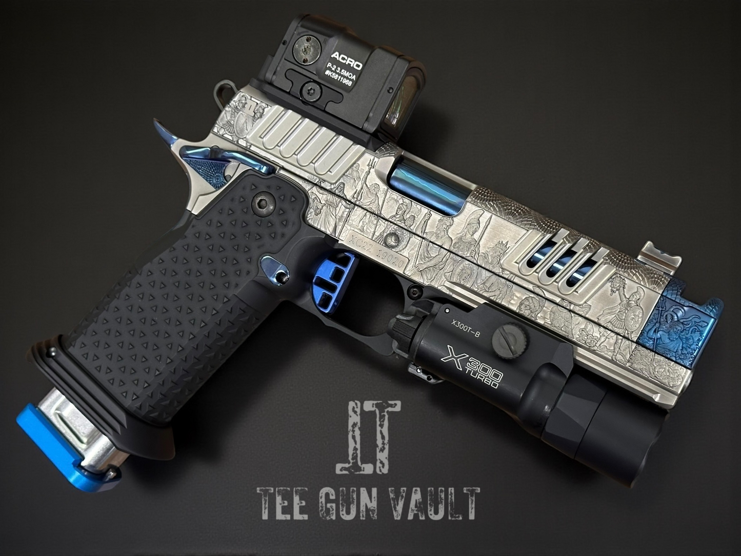 STACCATO CUSTOM XC “AEGIS” GREY/POLISHED BLUE PVD FINISH ATLAS GRIPS RED DIRT TRIGGER ACRO P2 & X300