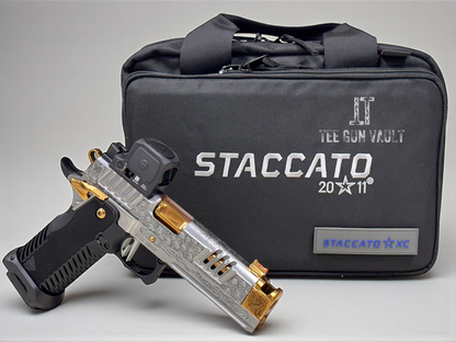 STACCATO CUSTOM XC “VITA FINITA” SILVER/COPPER WITH T7 GRIPS, TRIJICON RCR AND EDGE TRIGGER.