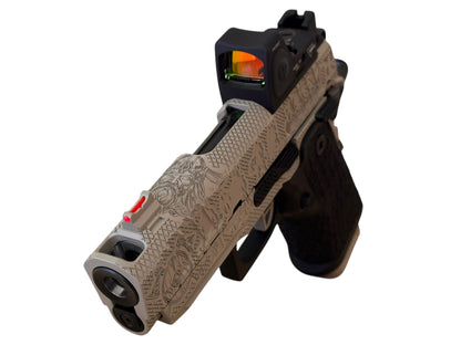 STACCATO CUSTOM CS “VIKING” PORTED 3.5” DESERT FINISH WITH TRIJICON RMRcc AND DRAGON SCALE GRIPS