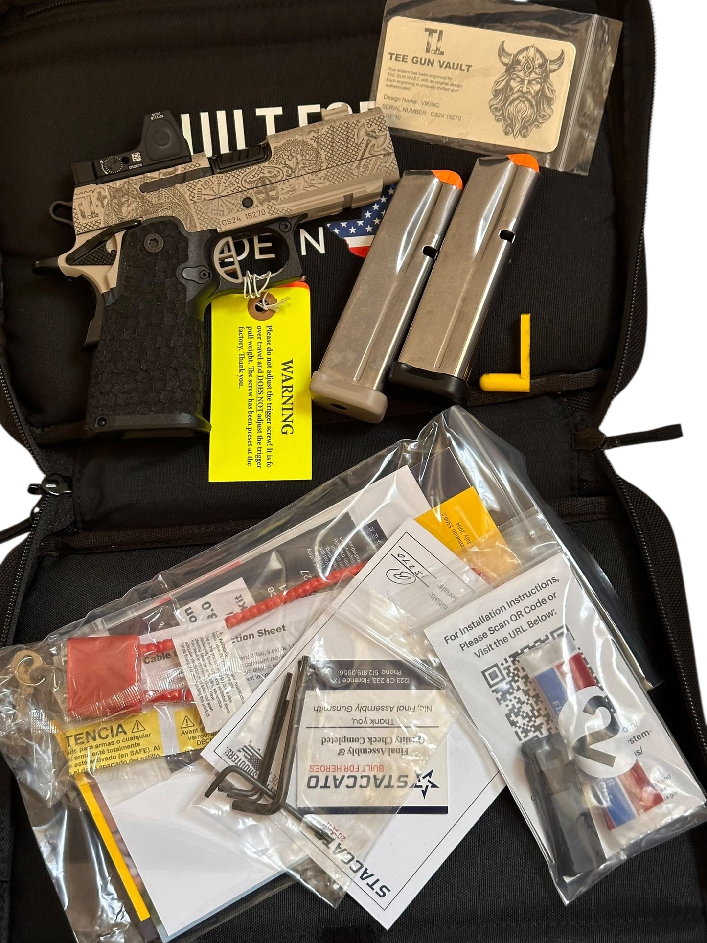 STACCATO CUSTOM CS “VIKING” PORTED 3.5” DESERT FINISH WITH TRIJICON RMRcc AND DRAGON SCALE GRIPS