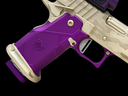ALPHA AMERICAN VANGUARD 4.25” PORTED DLC CAMO WHITE GOLD WITH PURPLE GRIPS AND SRO