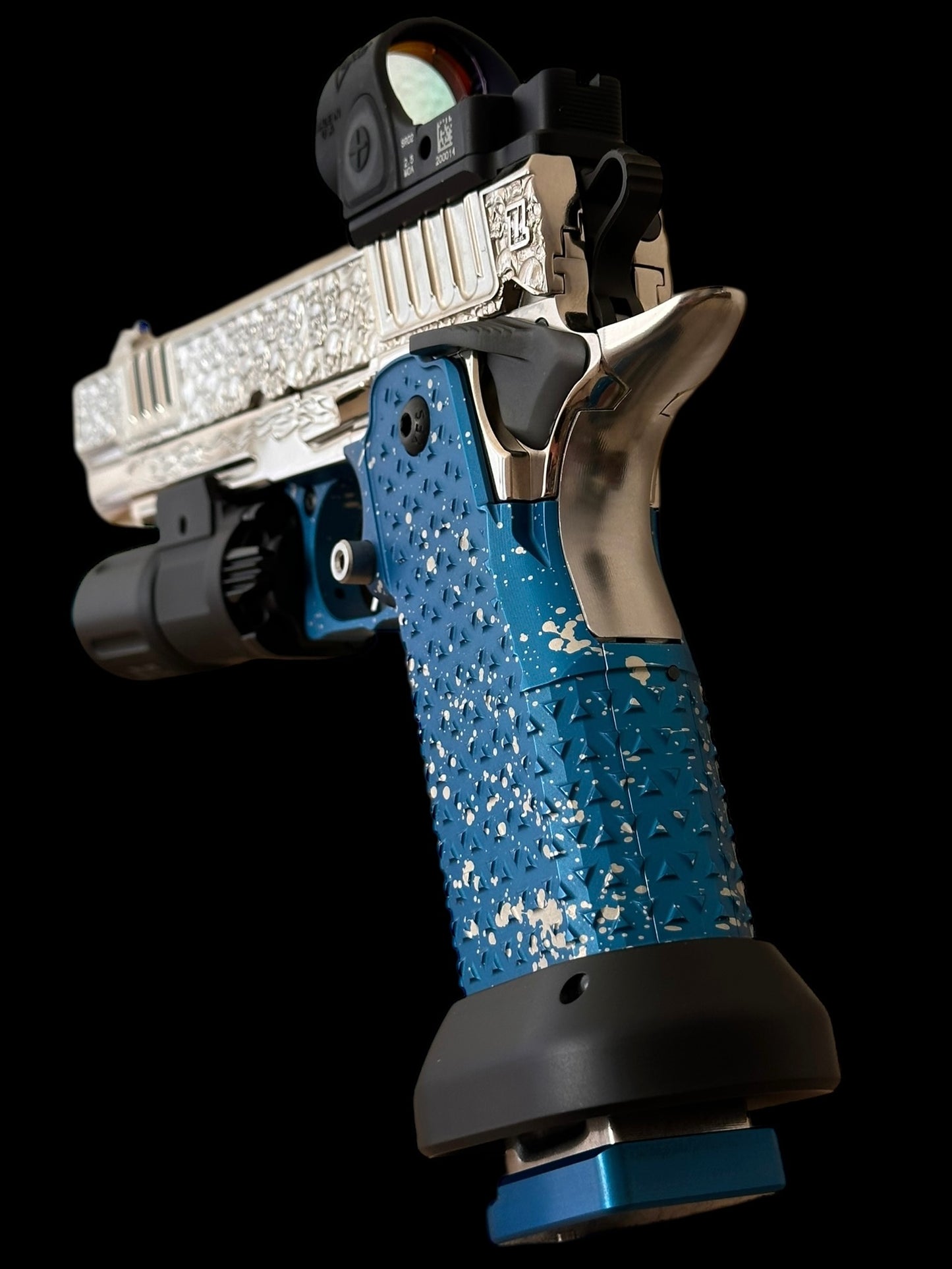 STACCATO CUSTOM XL “VITA FINITA” FULLY CUSTOMIZED 3D ENGRAVED POLISHED NICKEL ATLAS GRIPS