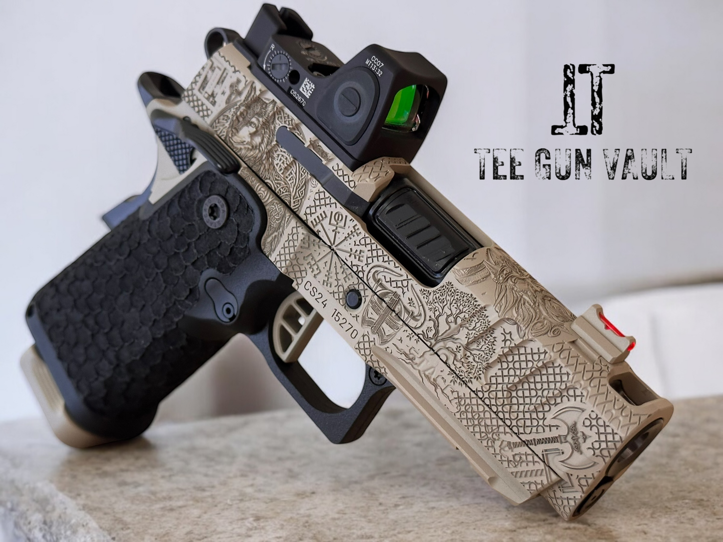 STACCATO CUSTOM CS “VIKING” PORTED 3.5” DESERT FINISH WITH TRIJICON RMRcc AND DRAGON SCALE GRIPS