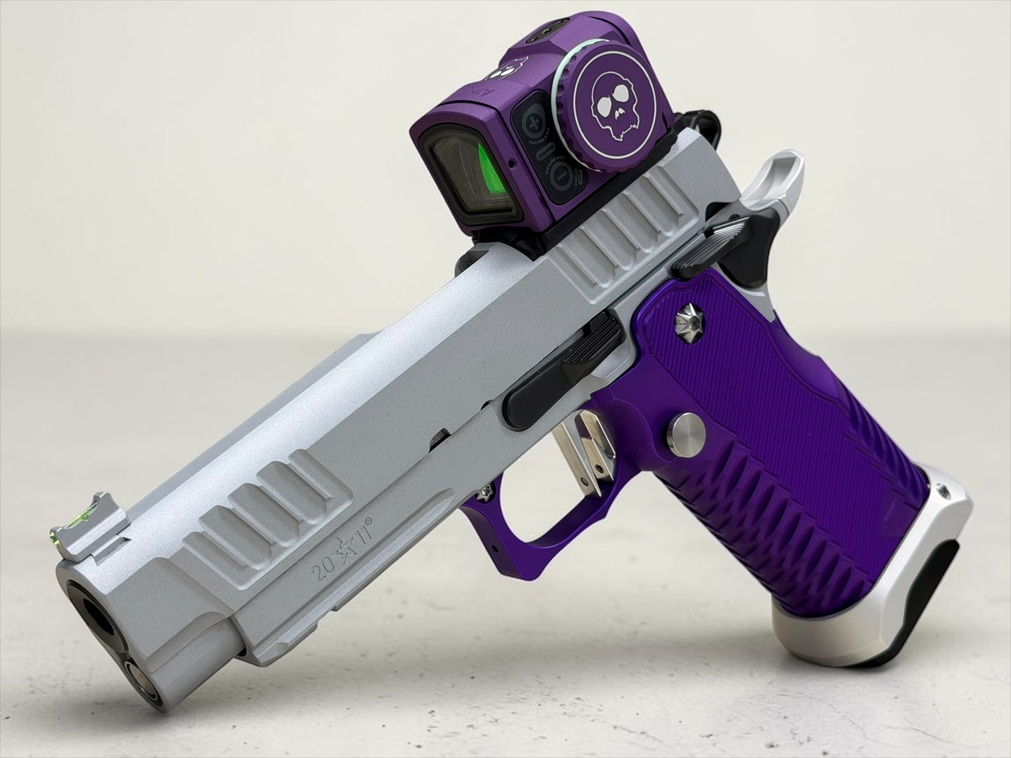 STACCATO P CUSTOM SILVER WITH T7 ALUMINUM GRIPS AND COMP AIMPOINT ACRO APE EDGE TRIGGER