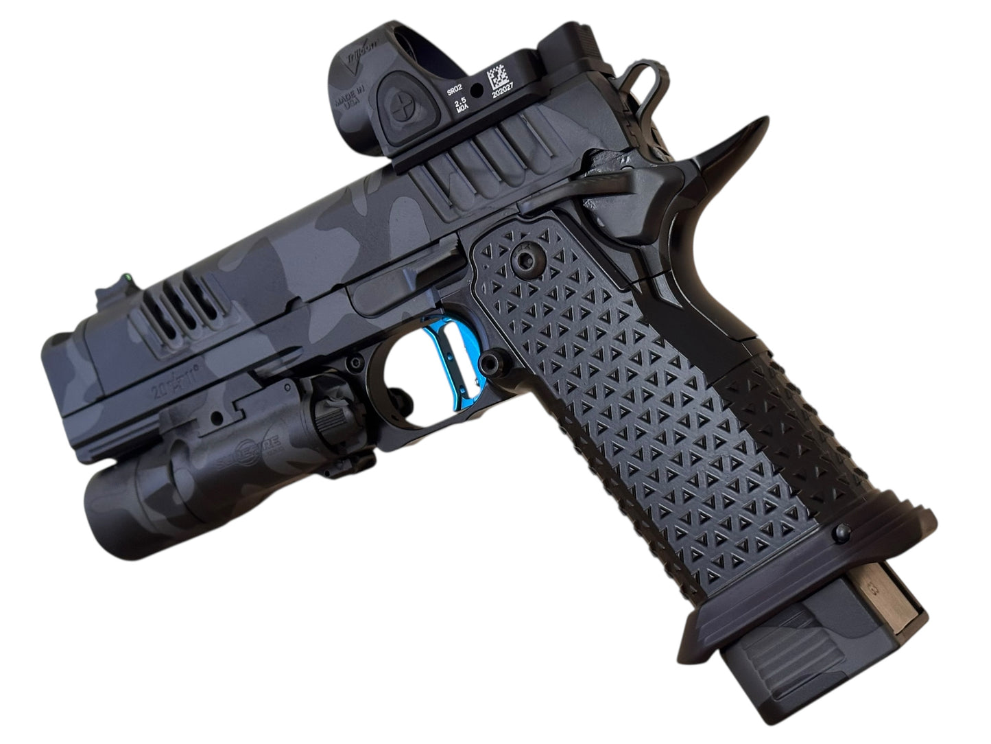 STACCATO CUSTOM XC BLACK CAMO WITH ATLAS METAL GRIPS AND TRIGGER TRIJICON SRO & X300