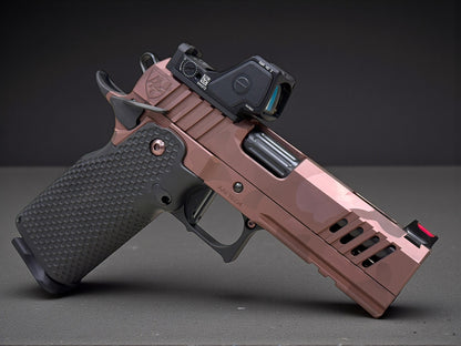 ALPHA AMERICAN VANGUARD 4.25” PORTED DLC ROSE GOLD CAMO WITH TRIJICON RMR HD AND ALUMINUM GRIPS 9mm