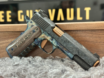 KINGS RIVER CUSTOM LEVEL III; CUSTOM WOOD DISPLAY CASE. HAND ENGRAVED CASE HARDENED .45ACP