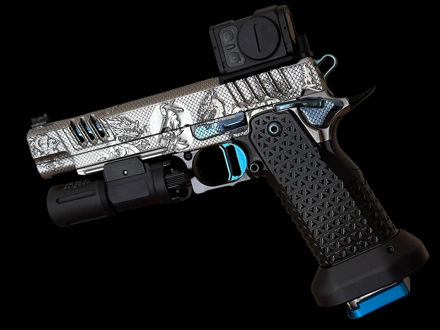 STACCATO CUSTOM XL “LAST SAMURAI” FULLY ENGRAVED PORTED IN SILVER/BLUE POLISHED PVD FINISH. ATLAS GRIPS AND TRIGGER