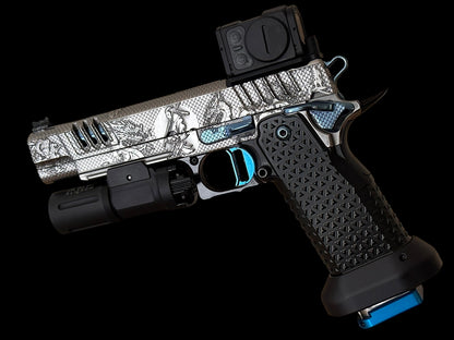 STACCATO CUSTOM XL “LAST SAMURAI” FULLY ENGRAVED PORTED IN SILVER/BLUE POLISHED PVD FINISH. ATLAS GRIPS AND TRIGGER