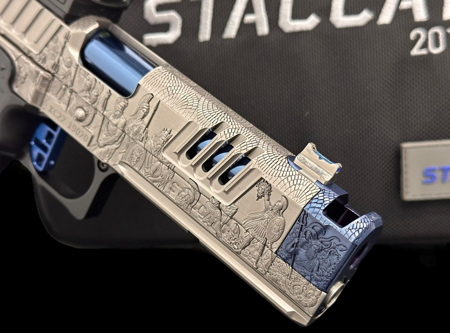 STACCATO CUSTOM XC “AEGIS” GREY/POLISHED BLUE PVD FINISH ATLAS GRIPS RED DIRT TRIGGER ACRO P2 & X300