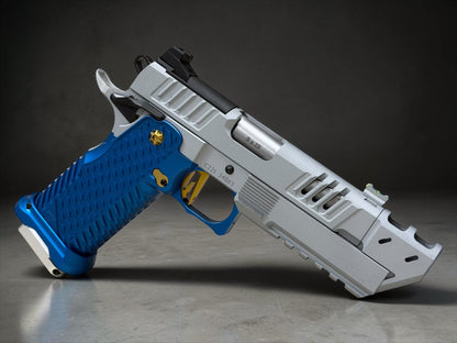 STACCATO C2 C SERIES CUSTOM COMPENSATED SILVER WITH BLUE T7 ALUMINUM GRIPS AND EDGE TRIGGER