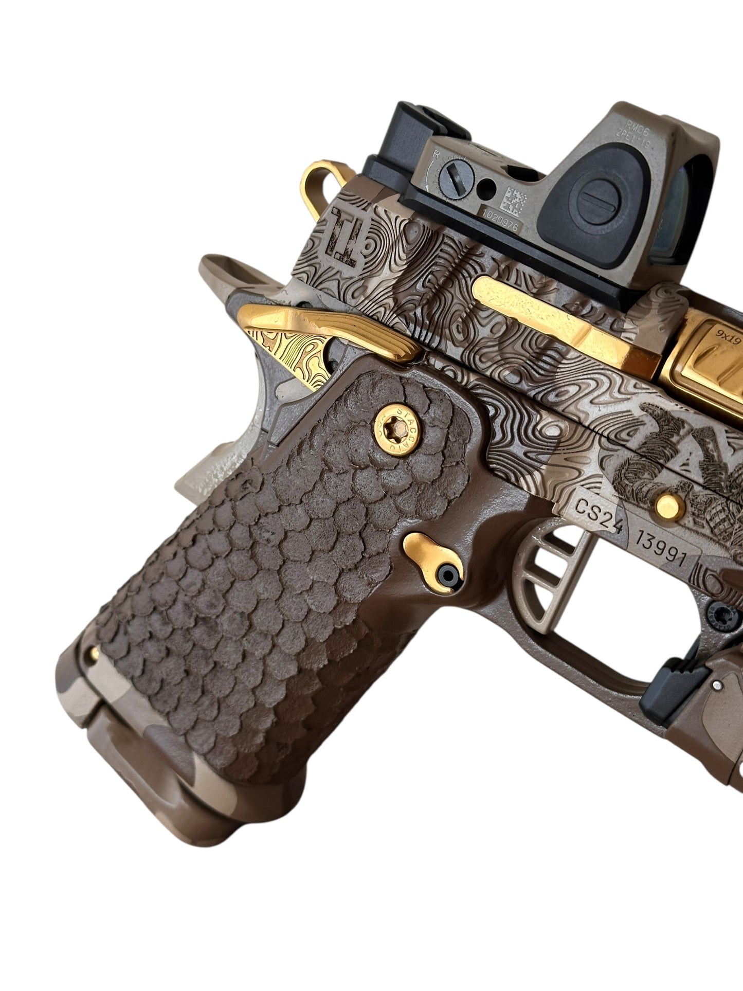 STACCATO CUSTOM CS “BLACK OPS” TIN BARREL 3.5” MULTI CAM CERAKOTE WITH TRIJICON RMR / TLR 7 SUB