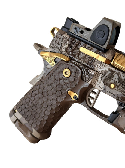 STACCATO CUSTOM CS “BLACK OPS” TIN BARREL 3.5” MULTI CAM CERAKOTE WITH TRIJICON RMR / TLR 7 SUB