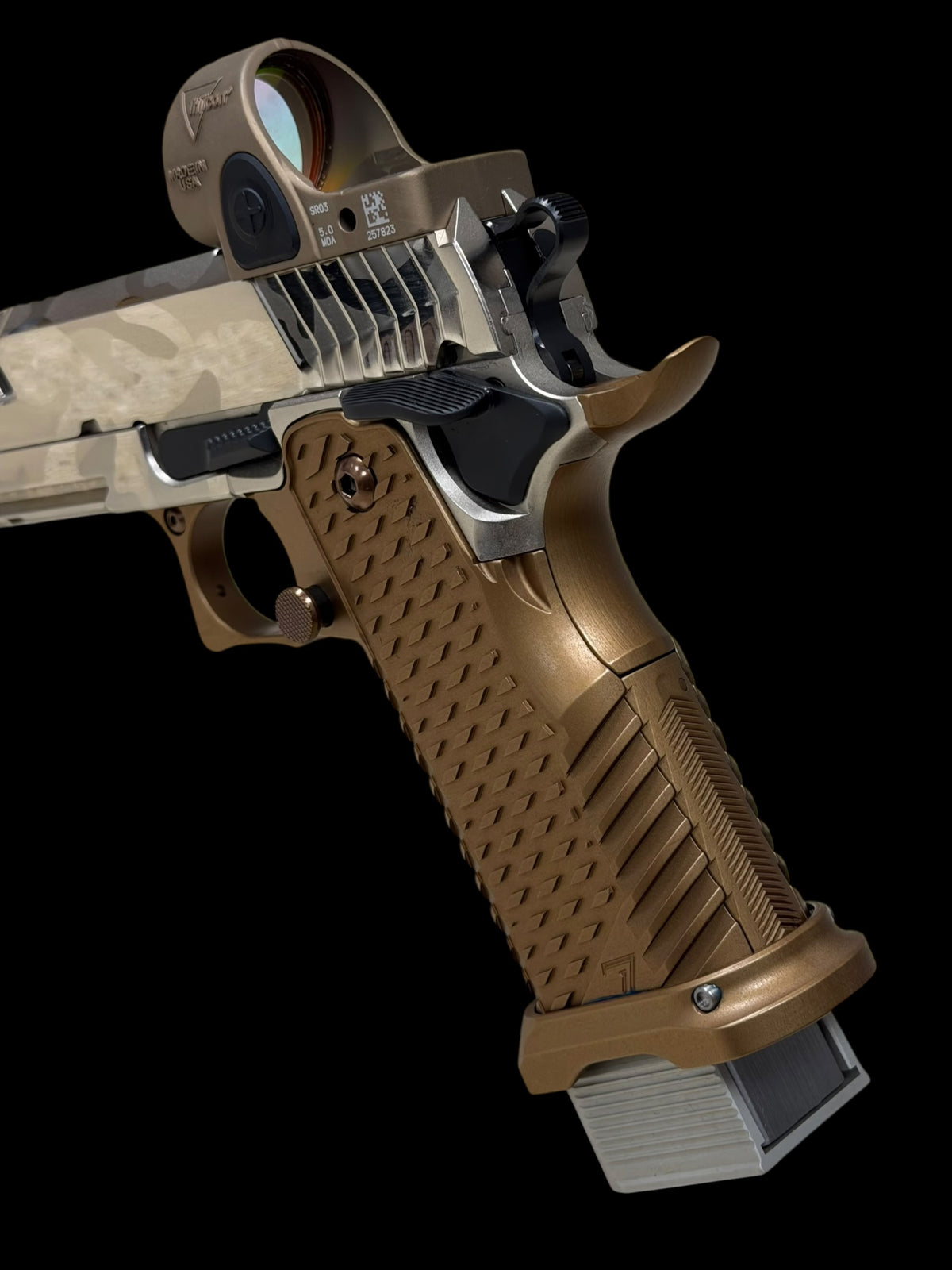 DARK FORGE REAPER PORTED COMP POLISHED NICKEL CAMO WITH T7 GRIP AND EDGE TRIGGER