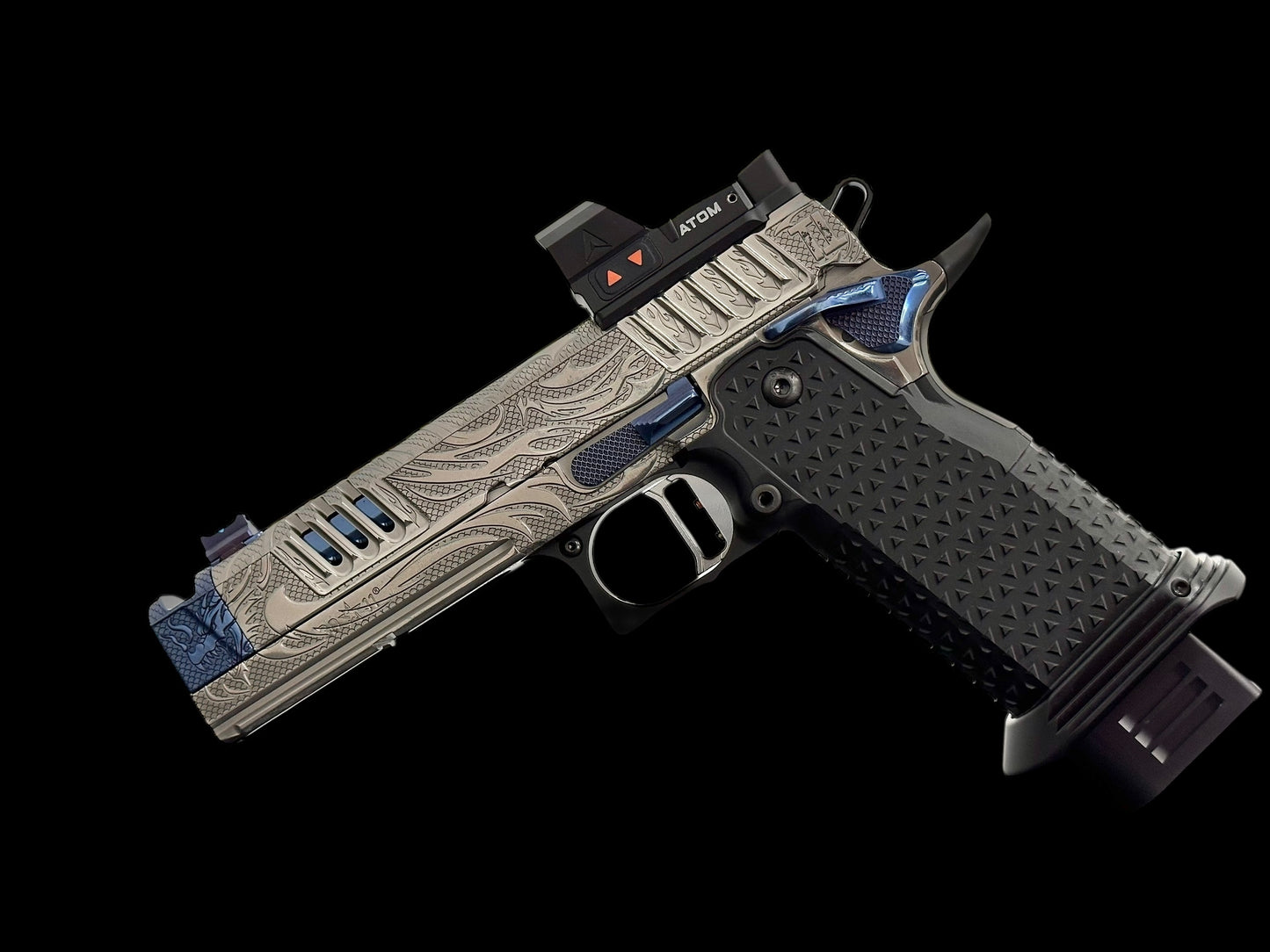 STACCATO CUSTOM XC “TRIBAL DRAGON” SILVER/BLUE PVD WITH ATLAS GRIPS AND APEX ATOM OPTIC