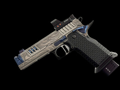 STACCATO CUSTOM XC “TRIBAL DRAGON” SILVER/BLUE PVD WITH ATLAS GRIPS AND APEX ATOM OPTIC