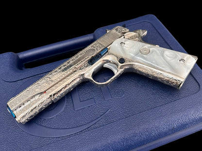 COLT CUSTOM 1911 HIGH POLISHED AND NICKEL PLATED WITH NITRO BLUE ACCENTS FULLY ENGRAVED .45ACP