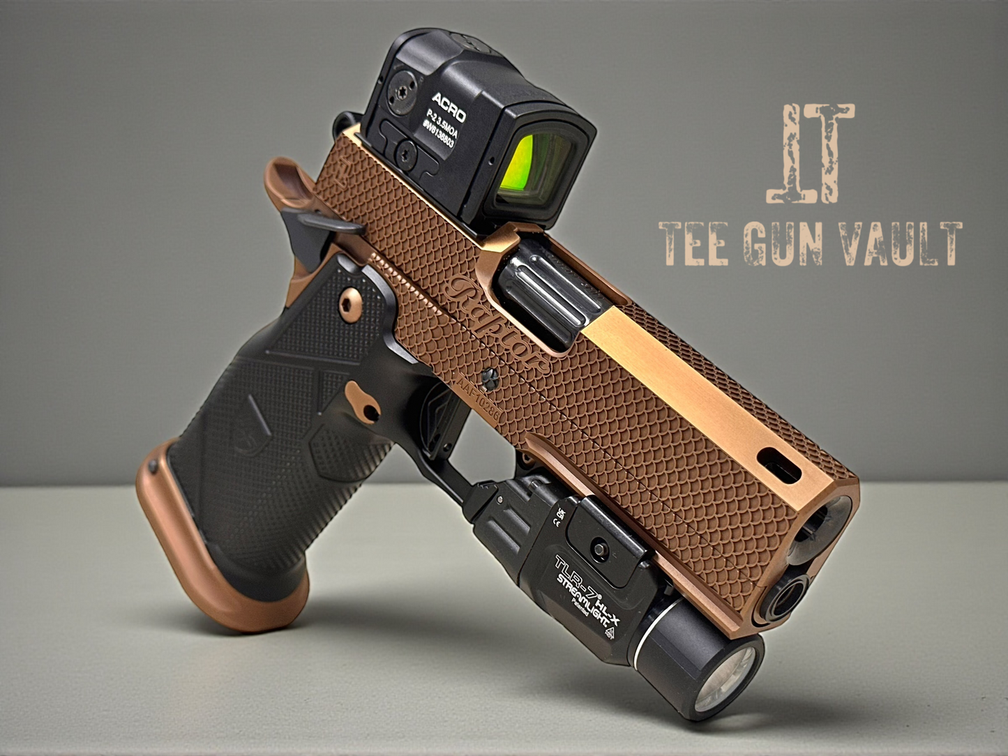 ALPHA AMERICAN “RAPTOR” 3.75” V PORTED BULL BARREL WITH ALUMINUM GRIPS, AIMPOINT ACRO AND TLR7 FLASHLIGHT (PROTOTYPE)