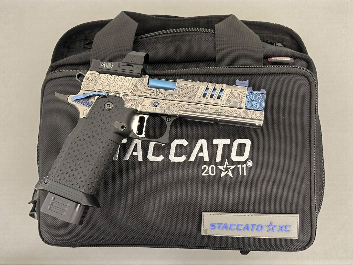 STACCATO CUSTOM XC “TRIBAL DRAGON” SILVER/BLUE PVD WITH ATLAS GRIPS AND APEX ATOM OPTIC