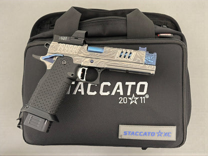 STACCATO CUSTOM XC “TRIBAL DRAGON” SILVER/BLUE PVD WITH ATLAS GRIPS AND APEX ATOM OPTIC