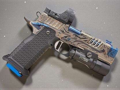 STACCATO CUSTOM XC “TRIBAL DRAGON” SILVER/BLUE PVD WITH ATLAS GRIPS SRO & X300 2 GRIPS