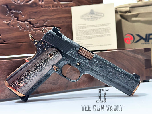 KINGS RIVER CUSTOM LEVEL III; CUSTOM WOOD DISPLAY CASE. HAND ENGRAVED POLISHED DLC/ COPPER FINISH .45ACP