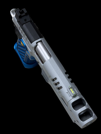 STACCATO C2 C SERIES CUSTOM COMPENSATED SILVER WITH BLUE T7 ALUMINUM GRIPS AND EDGE TRIGGER