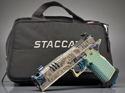 STACCATO CUSTOM XC “PIRATES” POLISHED SILVER/BLUE PVD FINISH WITH ATLAS ANODIZED GRIPS,TRIGGER AND MAG