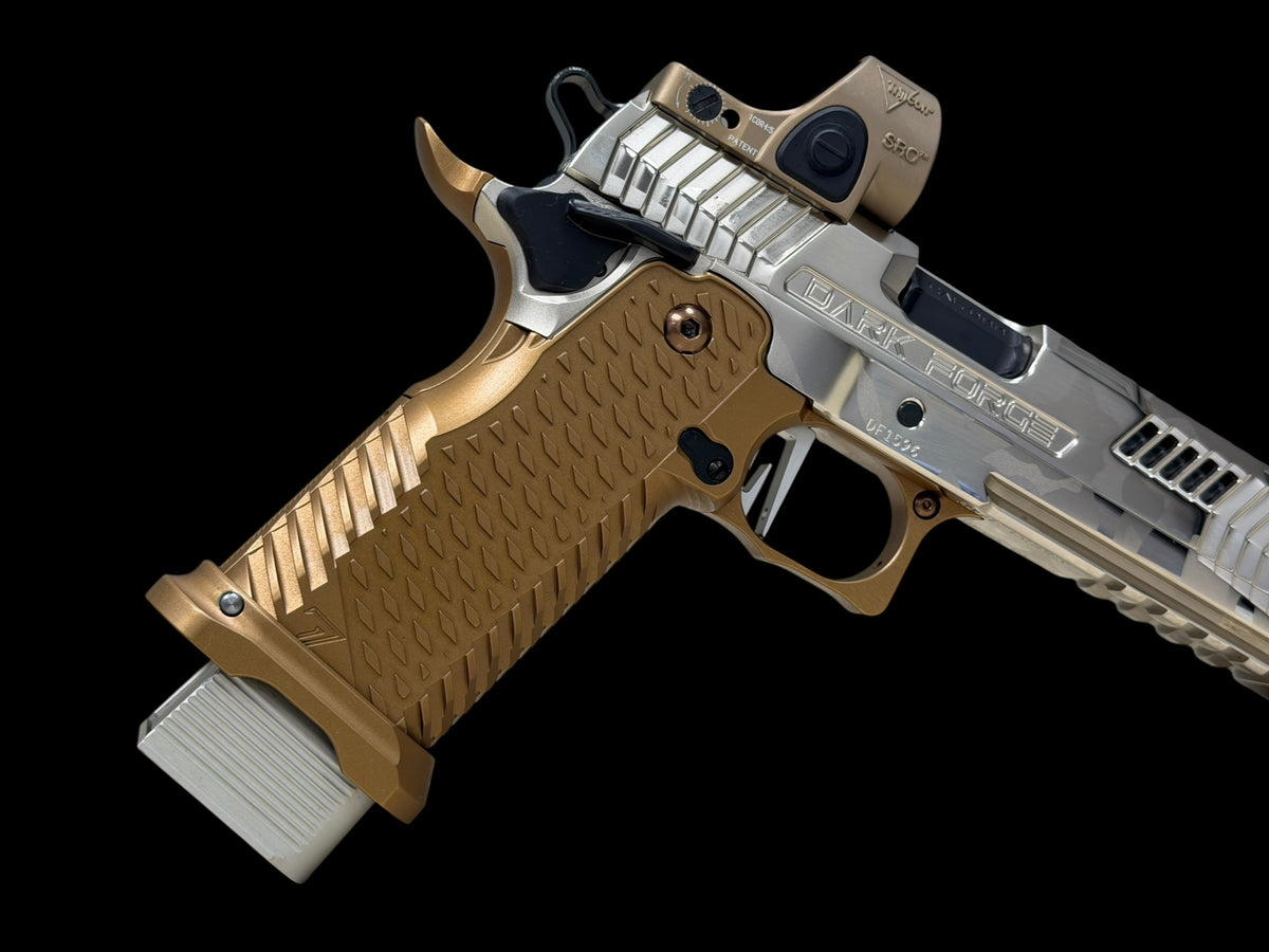 DARK FORGE REAPER PORTED COMP POLISHED NICKEL CAMO WITH T7 GRIP AND EDGE TRIGGER