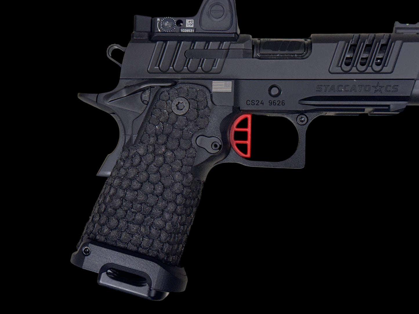 STACCATO CS X SERIES DLC BARREL FLAT TRIGGER WITH TRIJICON RMR AND DRAGON SCALE GRIPS. (Pre owned like new)