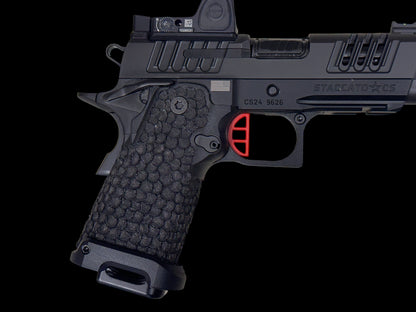 STACCATO CS X SERIES DLC BARREL FLAT TRIGGER WITH TRIJICON RMR AND DRAGON SCALE GRIPS. (Pre owned like new)