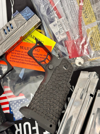 STACCATO CUSTOM XC “TRIBAL DRAGON” SILVER/BLUE PVD WITH ATLAS GRIPS AND APEX ATOM OPTIC