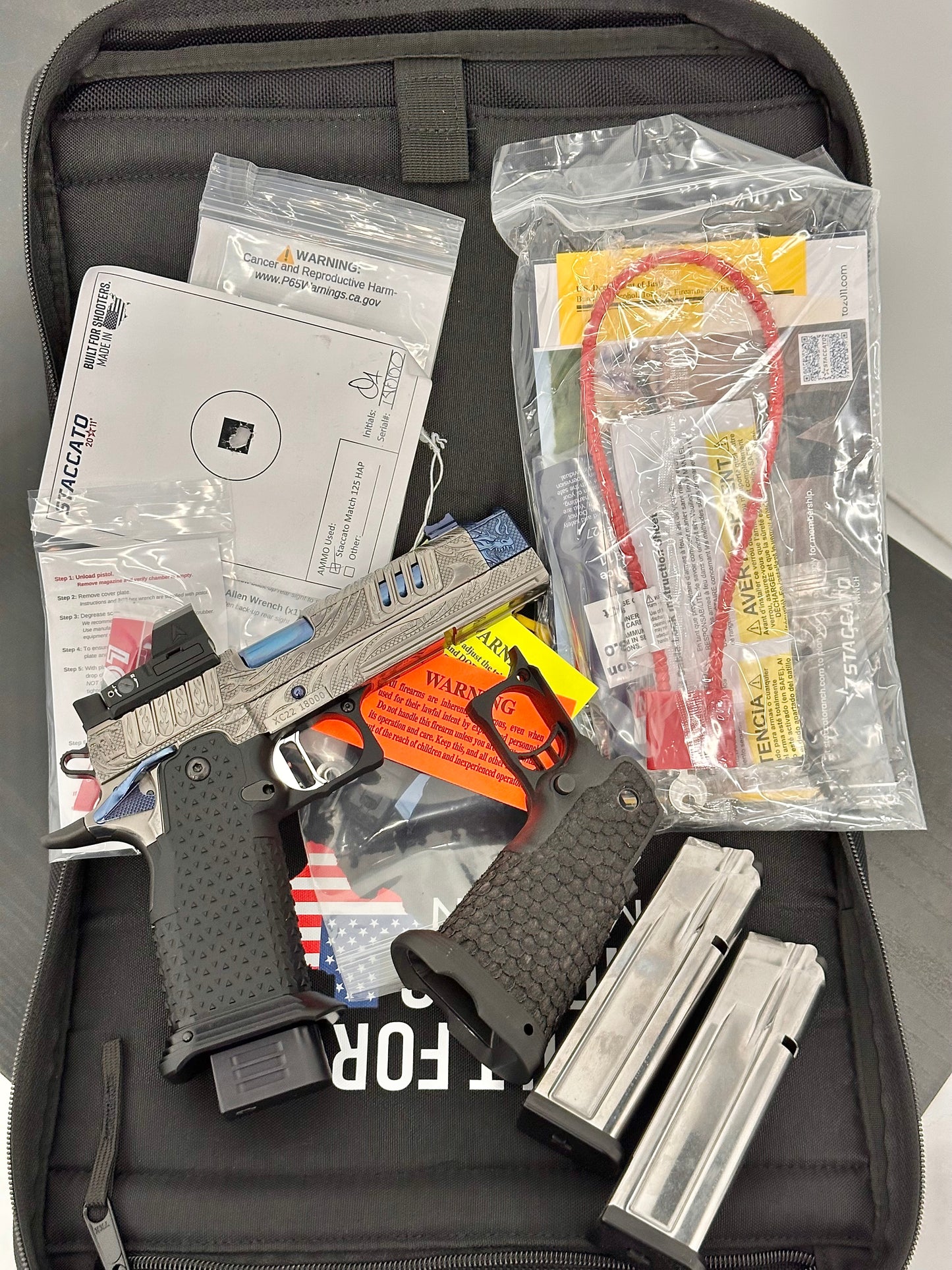 STACCATO CUSTOM XC “TRIBAL DRAGON” SILVER/BLUE PVD WITH ATLAS GRIPS AND APEX ATOM OPTIC