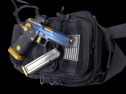 AKAI CUSTOM “DRAGON” PORTED LIMITED EDITION 1 OF 10 BLUE/ GOLD PVD FINISH WITH TRIJICON SRO 9MM (PRE OWNED)