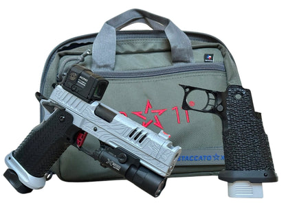 SILVER “TRIBAL DRAGON” FULLY CUSTOMIZED STACCATO XC STEEL GRIPS ENGRAVED, CERAKOTE WITH ACRO P2 & X300