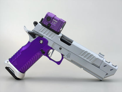 STACCATO P CUSTOM SILVER WITH T7 ALUMINUM GRIPS AND COMP AIMPOINT ACRO APE EDGE TRIGGER