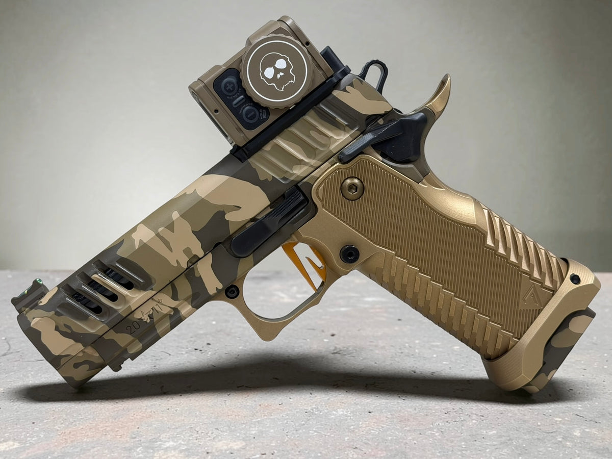 STACCATO CUSTOM C2 PORTED 3.9"
MULTICAM WITH T7 ALUMINUM GRIPS, APE AIMPOINT ACRO P2 & RED DIRT "EDGE" TRIGGER