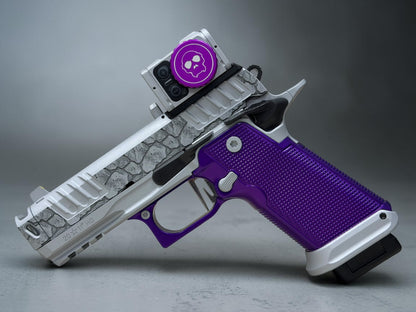 STACCATO CUSTOM P4X “ROCKS” ENGRAVED WITH EDGE TRIGGER, AL GRIPS AND AIMPOINT ACROSS P2