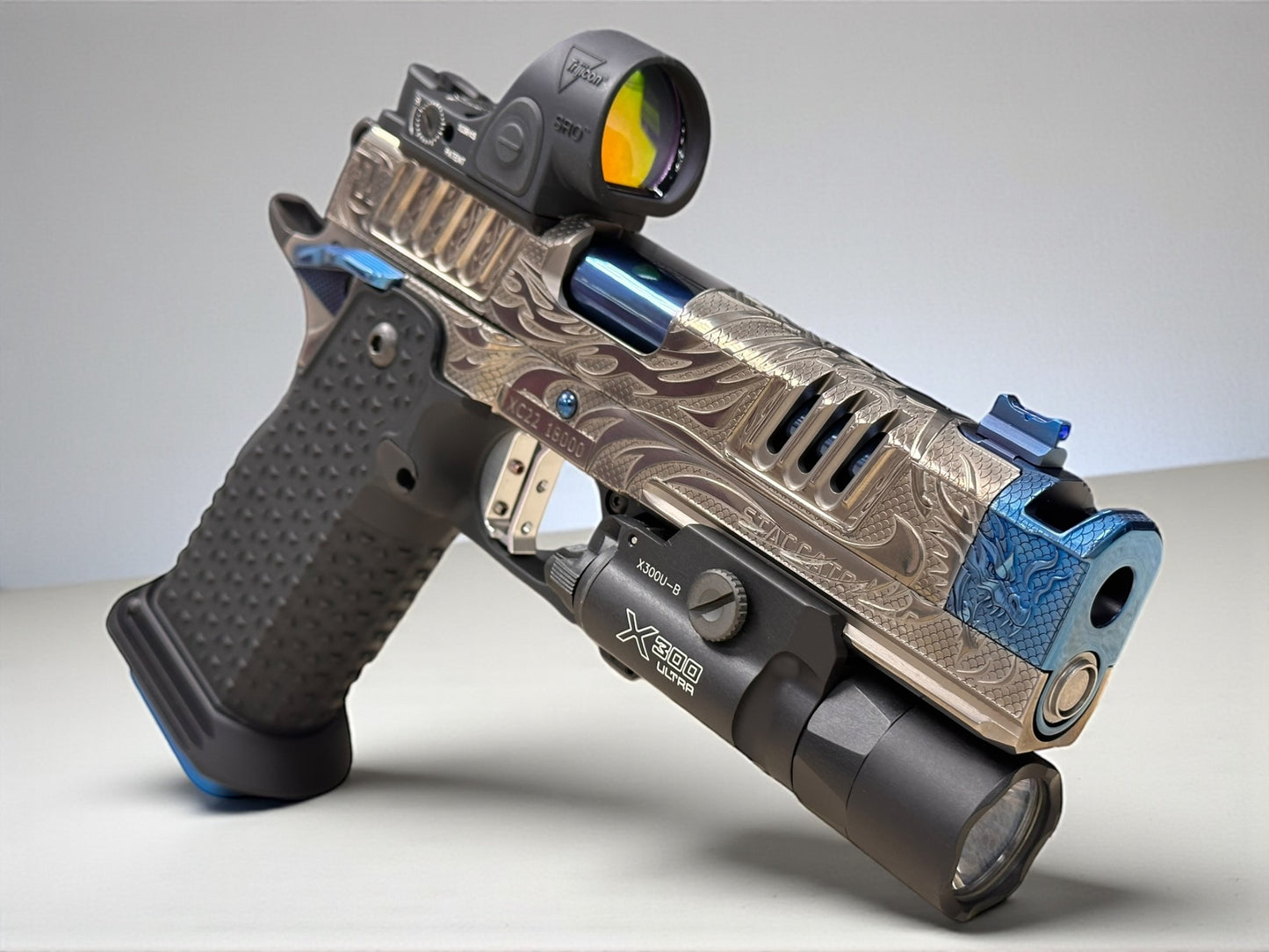STACCATO CUSTOM XC “TRIBAL DRAGON” SILVER/BLUE PVD WITH ATLAS GRIPS SRO & X300 2 GRIPS