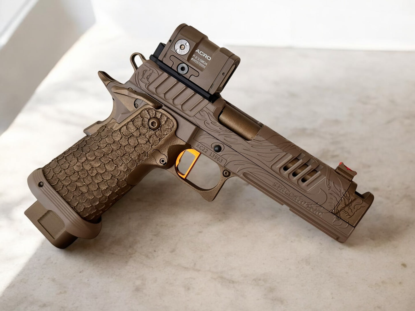 STACCATO CUSTOM XC ENGRAVED TRIBAL DRAGON TAN/BRONZE CERAKOTE FINISH WITH INFINITY TRIGGER AND ACRO P2