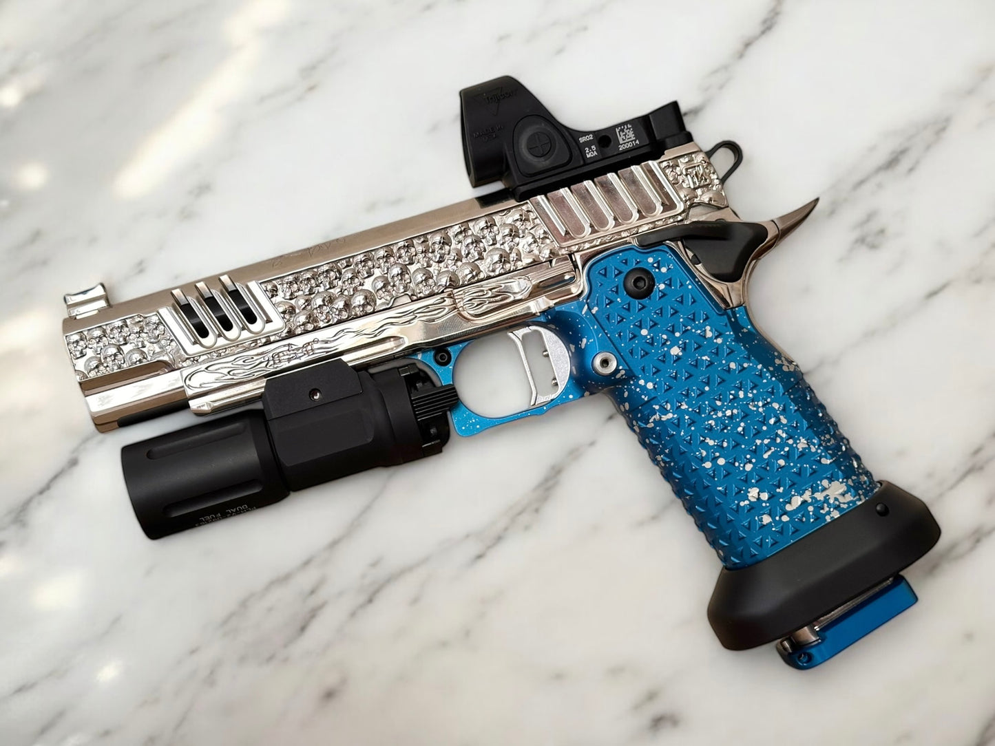STACCATO CUSTOM XL “VITA FINITA” FULLY CUSTOMIZED 3D ENGRAVED POLISHED NICKEL ATLAS GRIPS