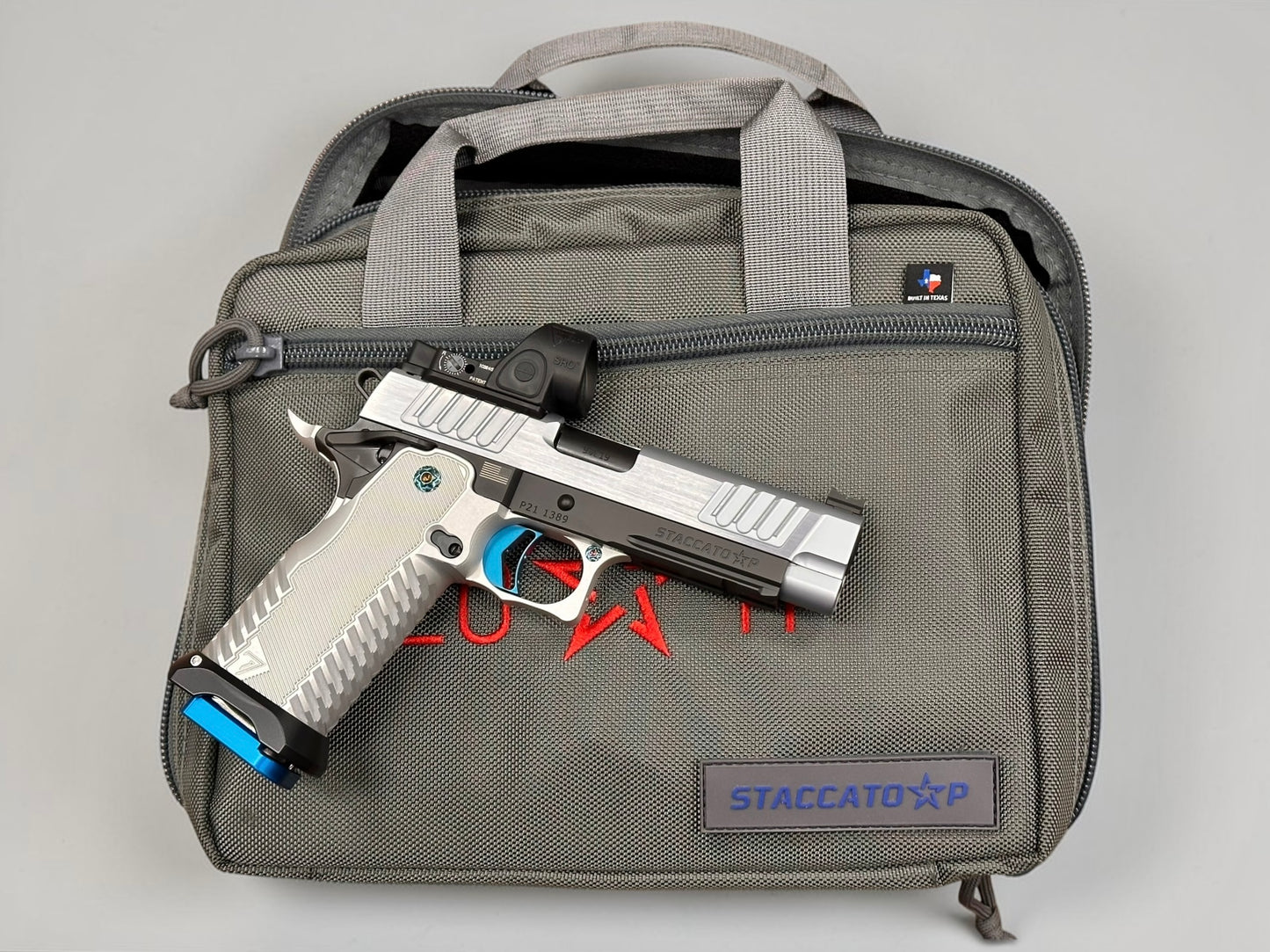 STACCATO P RARE POLISHED HARD CHROME SLIDE W ANODIZED T7 SILVER ALUMINUM GRIP SRO AND ATLAS TRIGGER