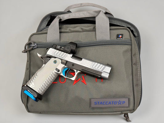 STACCATO P RARE POLISHED HARD CHROME SLIDE W ANODIZED T7 SILVER ALUMINUM GRIP SRO AND ATLAS TRIGGER