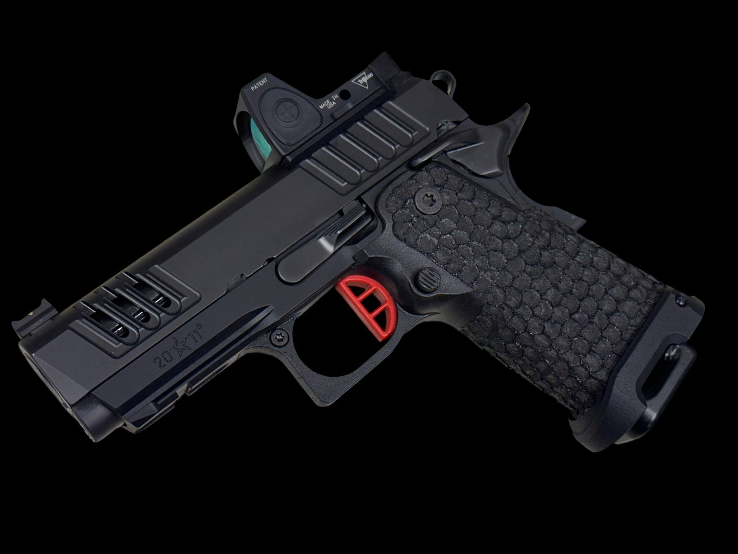 STACCATO CS X SERIES DLC BARREL FLAT TRIGGER WITH TRIJICON RMR AND DRAGON SCALE GRIPS. (Pre owned like new)