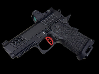 STACCATO CS X SERIES DLC BARREL FLAT TRIGGER WITH TRIJICON RMR AND DRAGON SCALE GRIPS. (Pre owned like new)