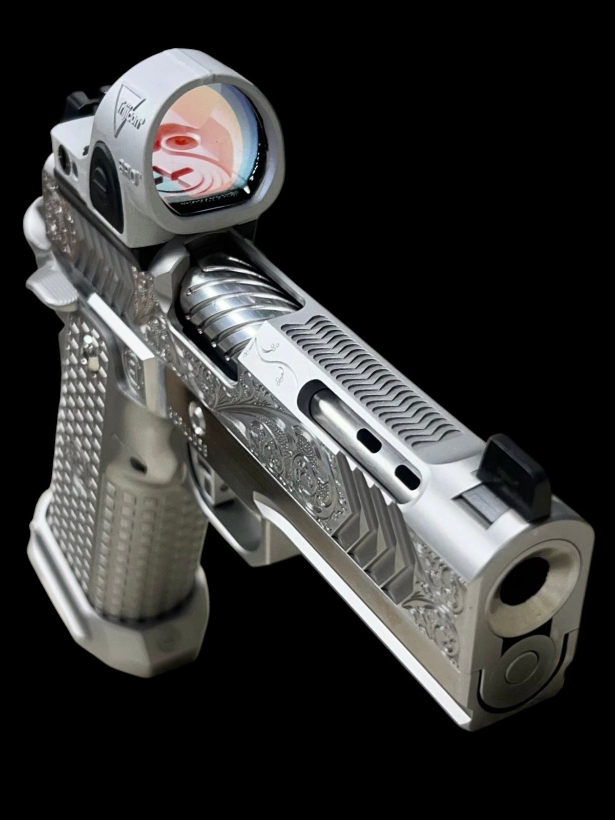 GUNCRAFTER POLARA X2 PORTED 4.25” COMMANDER FULL CHROME AND HAND ENGRAVED WITH MATCHING TRIJICON SILVER SRO
